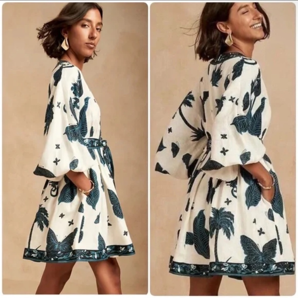 Banana republic butterfly print linen balloon sleeve mini dress